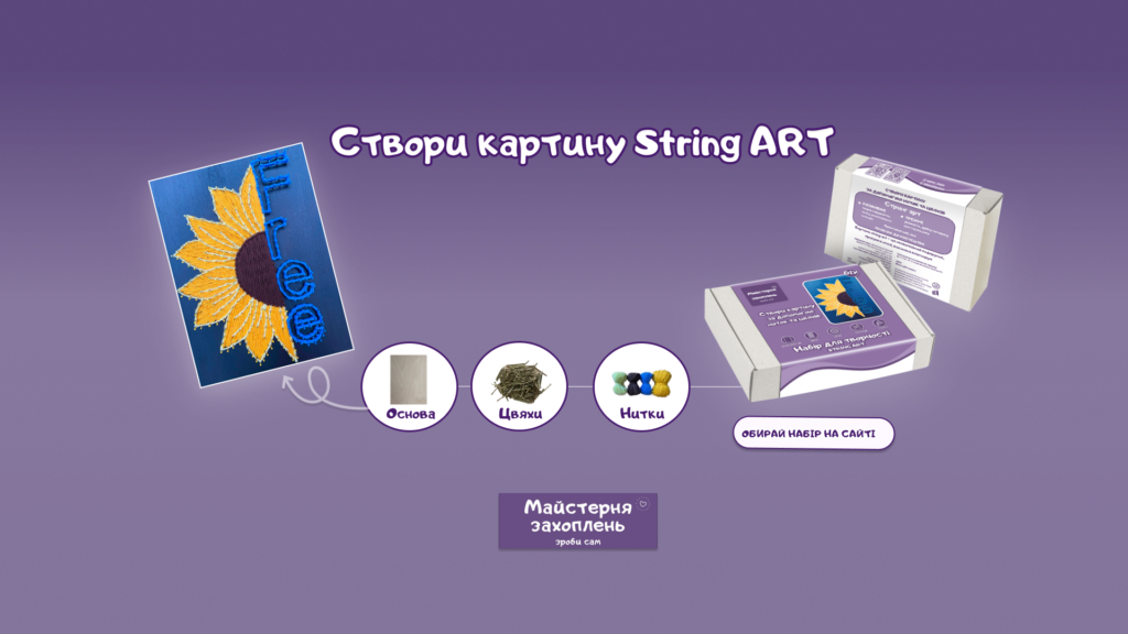 Набори Стрінг АРТ (String ART DIY) для дітей і дорослих. Створи картину нитками власноруч. Купити набір для творчості — доставка по Україні.